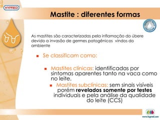 Mastite : diferentes formas
 Se classificam como:
 Mastites clínicas: identificadas por
sintomas aparentes tanto na vaca como
no leite.
 Mastites subclínicas: sem sinais visíveis
porém revelados somente por testes
individuais e pela análise da qualidade
do leite (CCS)
As mastites são caracterizadas pela inflamação do úbere
devido a invasão de germes patogênicos vindos do
ambiente
 