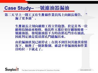 Case Study– 一號濾油器漏油
第二天 早上一開工又有生產 線作業員馬上向組長報告，“
漏了更多油”。
生產 組長立刻向維修工程主管抱怨，於是另 外一位
維修技師前來檢修。他比昨天那位更仔細地檢查 一
號濾油器，發現濾油器下方的清潔孔門旁有油漬，
因此判定油是從清潔孔門縫漏出來。
由於漏油狀 況已經停止；在找不到任何其他異常情
況下，他換了一個新墊 圈，確認不會漏油後和作業
員哈拉一下就走了。

The Best Controller & Peripheral IC Solutions Provider

 