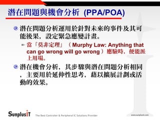 潛在問題與機會分析 (PPA/POA)
潛在問題分析運用於針對未來的事件及其可
能後果，設定緊急應變計畫。
當「莫非定理」（ Murphy Law: Anything that
can go wrong will go wrong ）應驗時，便能派
上用場。

潛在機會分析，其步 驟與潛在問題分析相同
，主要用於延伸性思考，藉以擴展計劃或活
動的效果。

The Best Controller & Peripheral IC Solutions Provider

 