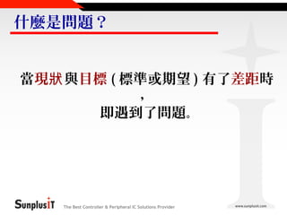 什麼是問題？
當現狀與目標 ( 標準或期望 ) 有了差距時
，
即遇到了問題。

The Best Controller & Peripheral IC Solutions Provider

 