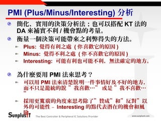 PMI (Plus/Minus/Interesting) 分析
簡化、實用的決策分析法；也可以搭配 KT 法的
DA 來補實不利 / 機會點的考量。
衡量一個決策可能帶來之利弊得失的方法。

Plus: 覺得有利之處 ( 你 喜歡它的原因 )
Minus: 覺得不利之處 ( 你 不喜歡它的原因 )
Interesting: 可能有利也可能不利，無法確定的地方。

為什麼要用 PMI 法來思考？

可以用 PMI 法來清楚說 明一件事情好及不好的地方，
而不只是籠統的說 ”我喜歡…” 或是 ”我不喜歡…
”
採用更寬 廣的角度來思考除了”贊成”和”反對”以
外的可能性 – Interesting 的點代表潛在的機會和風
險。
The Best Controller & Peripheral IC Solutions Provider

 