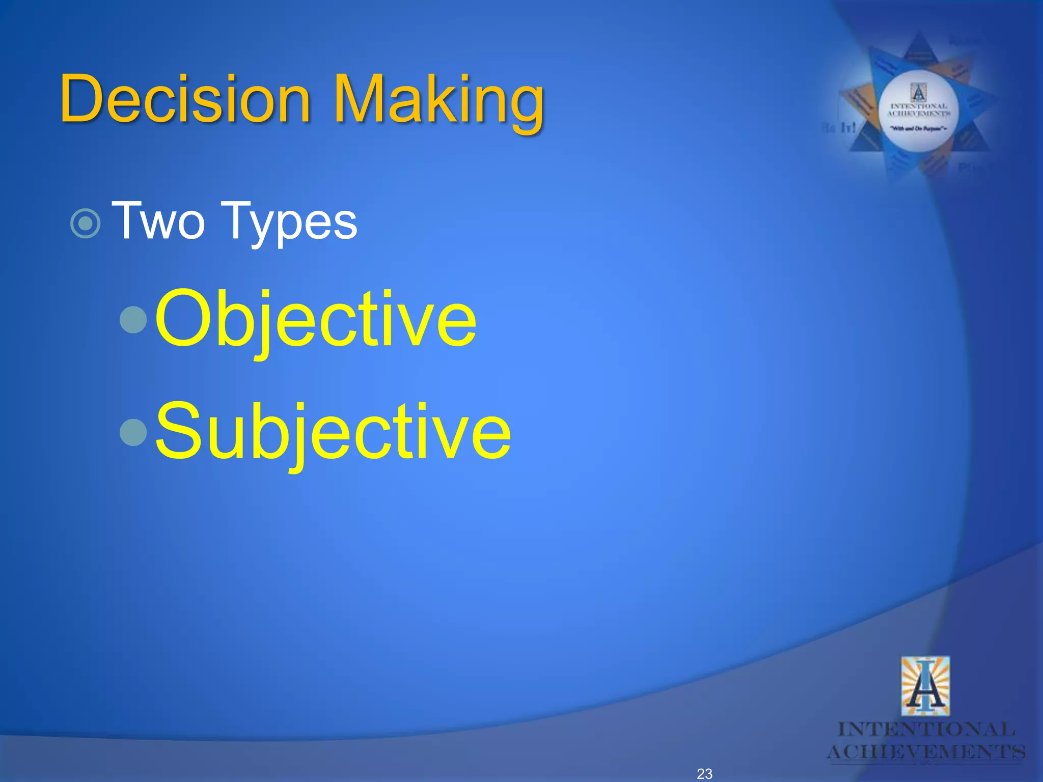 23
Decision Making
 Two Types
Objective
Subjective
 