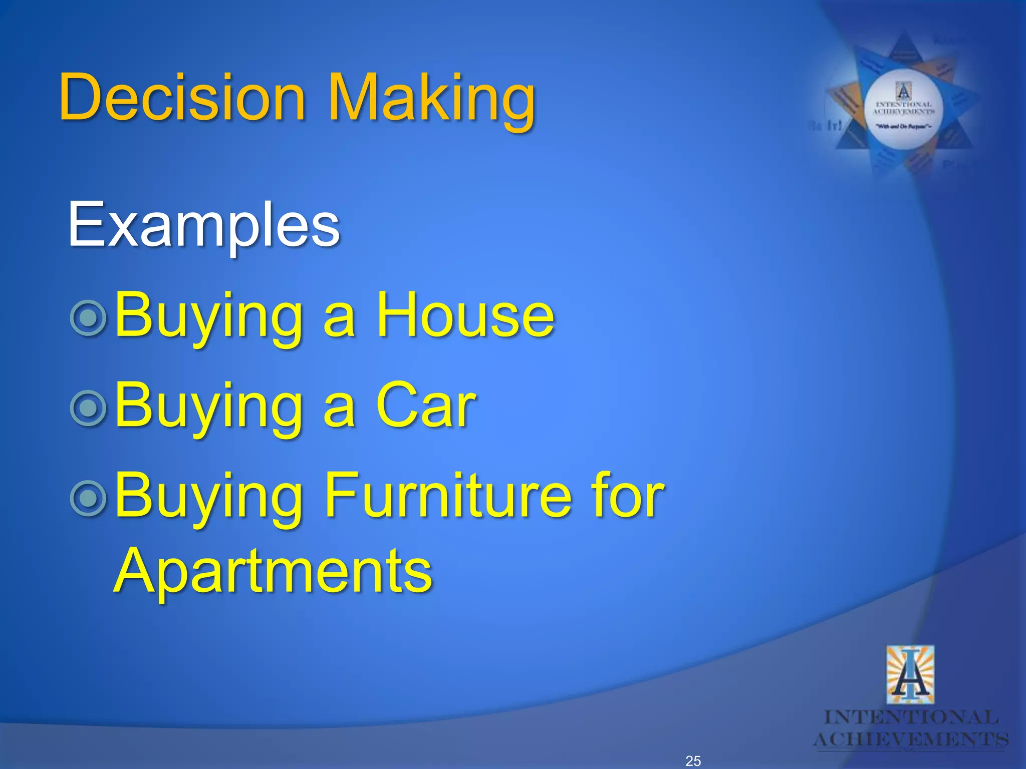 25
Decision Making
Examples
Buying a House
Buying a Car
Buying Furniture for
Apartments
 