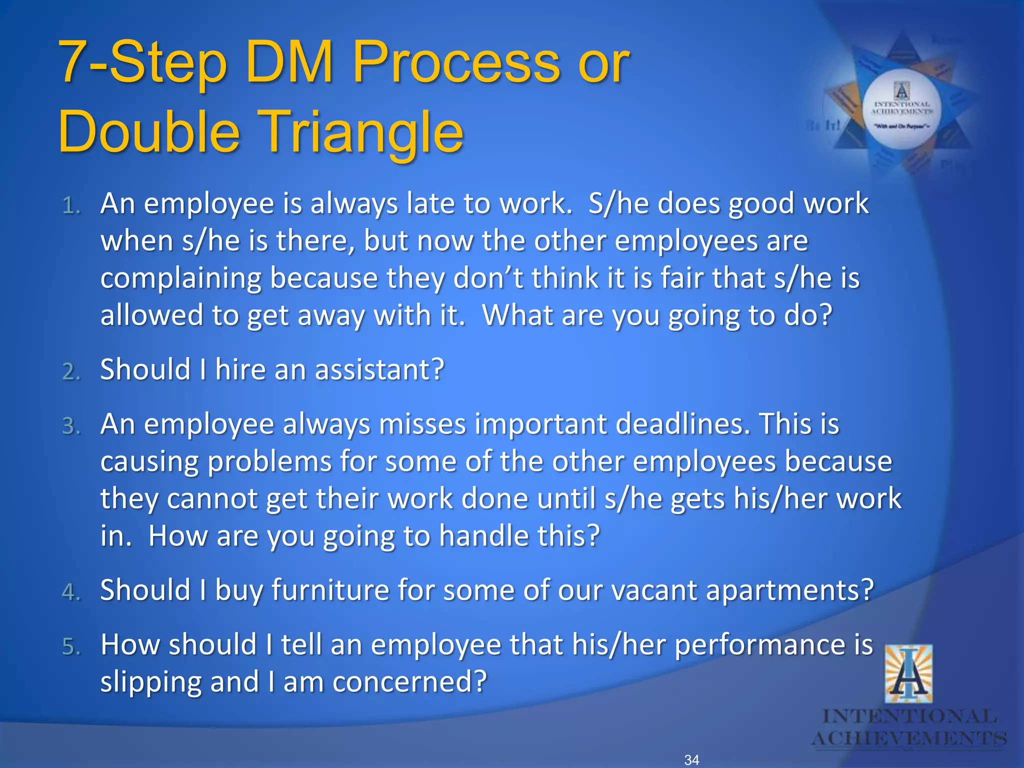 34
7-Step DM Process or
Double Triangle
1. An employee is always late to work. S/he does good work
when s/he is there, but now the other employees are
complaining because they don’t think it is fair that s/he is
allowed to get away with it. What are you going to do?
2. Should I hire an assistant?
3. An employee always misses important deadlines. This is
causing problems for some of the other employees because
they cannot get their work done until s/he gets his/her work
in. How are you going to handle this?
4. Should I buy furniture for some of our vacant apartments?
5. How should I tell an employee that his/her performance is
slipping and I am concerned?
 