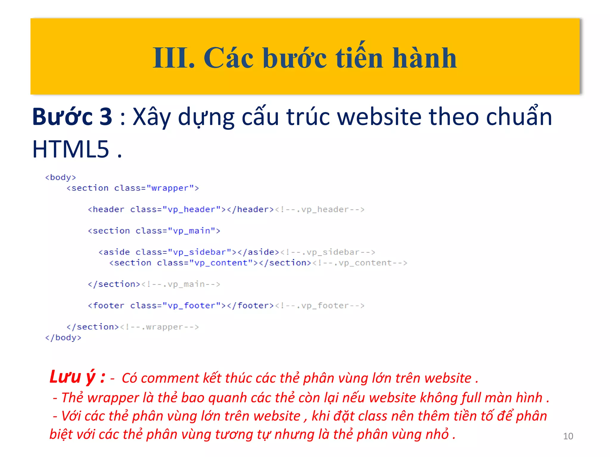 III. Các bước tiến hành
Bước 3 : Xây dựng cấu trúc website theo chuẩn
HTML5 .
10
Lưu ý : - Có comment kết thúc các thẻ phân vùng lớn trên website .
- Thẻ wrapper là thẻ bao quanh các thẻ còn lại nếu website không full màn hình .
- Với các thẻ phân vùng lớn trên website , khi đặt class nên thêm tiền tố để phân
biệt với các thẻ phân vùng tương tự nhưng là thẻ phân vùng nhỏ .
 
