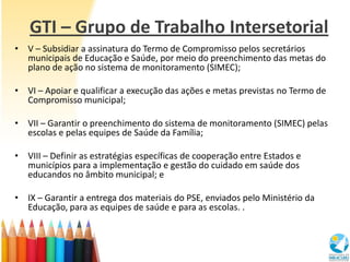 GTI – Grupo de Trabalho Intersetorial
• V – Subsidiar a assinatura do Termo de Compromisso pelos secretários
  municipais de Educação e Saúde, por meio do preenchimento das metas do
  plano de ação no sistema de monitoramento (SIMEC);

• VI – Apoiar e qualificar a execução das ações e metas previstas no Termo de
  Compromisso municipal;

• VII – Garantir o preenchimento do sistema de monitoramento (SIMEC) pelas
  escolas e pelas equipes de Saúde da Família;

• VIII – Definir as estratégias específicas de cooperação entre Estados e
  municípios para a implementação e gestão do cuidado em saúde dos
  educandos no âmbito municipal; e

• IX – Garantir a entrega dos materiais do PSE, enviados pelo Ministério da
  Educação, para as equipes de saúde e para as escolas. .
 