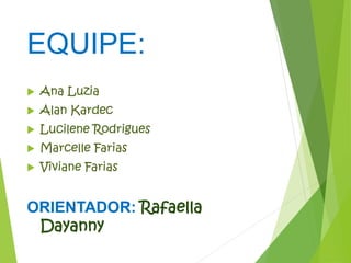 EQUIPE:
 Ana Luzia
 Alan Kardec
 Lucilene Rodrigues
 Marcelle Farias
 Viviane Farias
ORIENTADOR: Rafaella
Dayanny
 