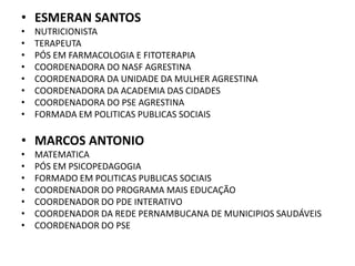 • ESMERAN SANTOS
•   NUTRICIONISTA
•   TERAPEUTA
•   PÓS EM FARMACOLOGIA E FITOTERAPIA
•   COORDENADORA DO NASF AGRESTINA
•   COORDENADORA DA UNIDADE DA MULHER AGRESTINA
•   COORDENADORA DA ACADEMIA DAS CIDADES
•   COORDENADORA DO PSE AGRESTINA
•   FORMADA EM POLITICAS PUBLICAS SOCIAIS

• MARCOS ANTONIO
•   MATEMATICA
•   PÓS EM PSICOPEDAGOGIA
•   FORMADO EM POLITICAS PUBLICAS SOCIAIS
•   COORDENADOR DO PROGRAMA MAIS EDUCAÇÃO
•   COORDENADOR DO PDE INTERATIVO
•   COORDENADOR DA REDE PERNAMBUCANA DE MUNICIPIOS SAUDÁVEIS
•   COORDENADOR DO PSE
 