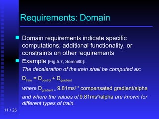 11 / 26
Requirements: Domain
 Domain requirements indicate specific
computations, additional functionality, or
constraints on other requirements
 Example [Fig.5.7, Somm00]:
The deceleration of the train shall be computed as:
Dtrain = Dcontrol + Dgradient
where Dgradient = 9.81ms2
* compensated gradient/alpha
and where the values of 9.81ms2
/alpha are known for
different types of train.
 