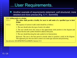 15 / 26
…User Requirements.
 Another example of requirements statement, well structured, more
detailed and more precise [Fig. 5.11, Somm00]
3.5.1 Adding nodes to a design
3.5.1.1 The editor shall provide a facility for users to add nodes of a specified type to their
design.
3.5.1.2 The sequence of actions to add a node should be as follows:
1. The user should select the type of node to be added.
2. The user should move the cursor to the approximate node position in the diagram and
indicate that the node symbol should be added at that point.
3. The user should then drag the node symbol to its final position.
Rationale: The user is the best person to decide where to position a node on the diagram.
This approach gives the user direct control over node type selection and positioning.
Specification: ECLIPSE/WS/Tools/DE/FS. Section 3.5.1
 