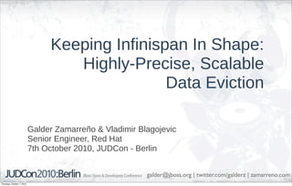 Keeping Infinispan In Shape:
                                    Highly-Precise, Scalable
                                                 Data Eviction

                            Galder Zamarreño & Vladimir Blagojevic
                            Senior Engineer, Red Hat
                            7th October 2010, JUDCon - Berlin


                                                          galder@jboss.org | twitter.com/galderz | zamarreno.com
Thursday, October 7, 2010
 