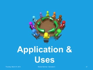 Application &
                     Uses
Thursday, March 07, 2013   Review Seminar - Semester 5   21
 