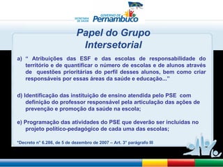 Papel do Grupo Intersetorial  “  Atribuições das ESF e das escolas de responsabilidade do território e de quantificar o número de escolas e de alunos através de  questões prioritárias do perfil desses alunos, bem como criar responsáveis por essas áreas da saúde e educação...” d) Identificação das instituição de ensino atendida pelo PSE  com definição do professor responsável pela articulação das ações de prevenção e promoção da saúde na escola; e) Programação das atividades do PSE que deverão ser incluídas no projeto político-pedagógico de cada uma das escolas; *Decreto n° 6.286, de 5 de dezembro de 2007 – Art. 3° parágrafo III   