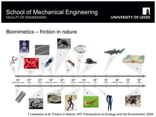 Biomimetics – friction in nature
School of Mechanical Engineering
FACULTY OF ENGINEERING
10-6
(1μm)
10-7
(100nm=0.1μm)
10-5
(10μm)
10-4
(100μm=0.1mm)
10-3
(1mm)
10-2
(10mm)
10-1
(100mm=0.1m)
100
(1m)
101
(10m)
102
(100m=0.1km)
103
(1km)
104
(10km)
a
b
c
d
e
f
g
h
i
j
k
l
m
n
o p s
r
T Liskiewicz et al, Friction in Nature, WIT Transactions on Ecology and the Environment, 2008
 
