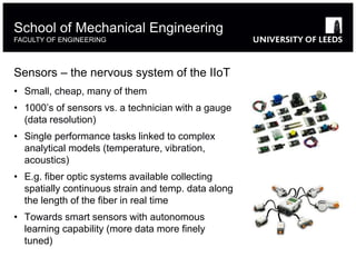Sensors – the nervous system of the IIoT
• Small, cheap, many of them
• 1000’s of sensors vs. a technician with a gauge
(data resolution)
• Single performance tasks linked to complex
analytical models (temperature, vibration,
acoustics)
• E.g. fiber optic systems available collecting
spatially continuous strain and temp. data along
the length of the fiber in real time
• Towards smart sensors with autonomous
learning capability (more data more finely
tuned)
School of Mechanical Engineering
FACULTY OF ENGINEERING
 