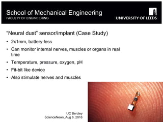 “Neural dust” sensor/implant (Case Study)
• 2x1mm, battery-less
• Can monitor internal nerves, muscles or organs in real
time
• Temperature, pressure, oxygen, pH
• Fit-bit like device
• Also stimulate nerves and muscles
School of Mechanical Engineering
FACULTY OF ENGINEERING
UC Bercley
ScienceNews, Aug 8, 2016
 