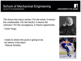 The future has many names: For the weak, it means
the unattainable. For the fearful, it means the
unknown. For the courageous, it means opportunity.
- Victor Hugo
School of Mechanical Engineering
FACULTY OF ENGINEERING
I skate to where the puck is going to be,
not where it has been.
- Wayne Gretzky
 