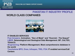 PAKISTAN IT INDUSTRY PROFILE   WORLD CLASS COMPANIES IT ENABLED SERVICES Post Amazers : Animation. “Son of Mask” and “Exorcist : The Sequel” LMKR : Seismological and Geological Data Management. BP, CALTEX, TEXACO.  iEngineering : Platform Management. Most comprehensive database in the world Touchstone BPO, Ovex, Infospan, TRG, IT24 : IT enabled services/Call Centers 