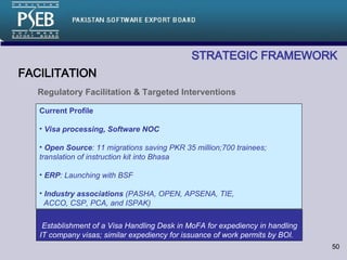 STRATEGIC FRAMEWORK   Current Profile Visa processing, Software NOC   Open Source : 11 migrations saving PKR 35 million;700 trainees; translation of instruction kit into Bhasa ERP : Launching with BSF Industry associations  (PASHA, OPEN, APSENA, TIE,  ACCO, CSP, PCA, and ISPAK) FACILITATION Regulatory Facilitation & Targeted Interventions Establishment of a Visa Handling Desk in MoFA for expediency in handling IT company visas; similar expediency for issuance of work permits by BOI.  