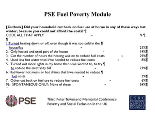 PSE Fuel Poverty Module
Third Peter Townsend Memorial Conference
Poverty and Social Exclusion in the UK
 