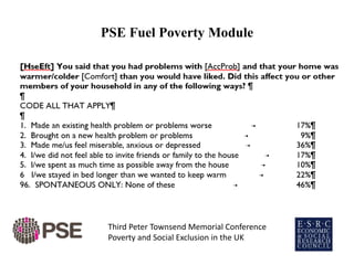 PSE Fuel Poverty Module
Third Peter Townsend Memorial Conference
Poverty and Social Exclusion in the UK
 