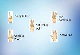 Going to Pee
Going to
Poop
Not feeling
well
Ask
something
Answering
 