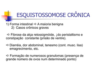 ESQUISTOSSOMOSE CRÔNICA
1) Forma intestinal  A maioria benigna
2) Casos crônicos graves
 Fibrose da alça retossigmóide, ↓do peristaltismo e
constipação constante (prisão de ventre).
 Diarréia, dor abdominal, tenesmo (cont. musc. lisa)
emagrecimento, etc.
 Formação de numerosos granulomas (presença de
grande número de ovos num determinado ponto)
 