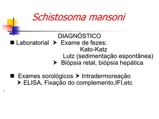 Schistosoma mansoni
DIAGNÓSTICO
 Laboratorial  Exame de fezes:
Kato-Katz
Lutz (sedimentação espontânea)
 Biópsia retal, biópsia hepática
 Exames sorológicos  Intradermoreação
 ELISA, Fixação do complemento,IFI,etc
.
 