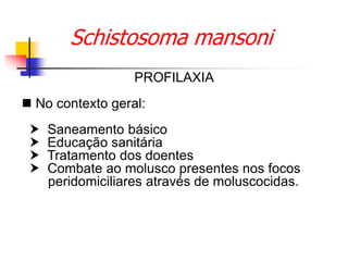 Schistosoma mansoni
PROFILAXIA
 No contexto geral:
 Saneamento básico
 Educação sanitária
 Tratamento dos doentes
 Combate ao molusco presentes nos focos
peridomiciliares através de moluscocidas.
 