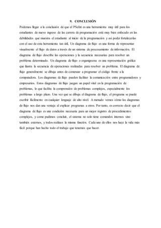 9. CONCLUSIÓN
Podemos llegar a la conclusión de que el PSeInt es una herramienta muy útil para los
estudiantes de nuevo ingreso de las carrera de programación está muy bien enfocado en las
debilidades que muestra el estudiante al inicio de la programación y así poder fortalecerlas
con el uso de esta herramienta tan útil, Un diagrama de flujo es una forma de representar
visualmente el flujo de datos a través de un sistema de procesamiento de información. El
diagrama de flujo describe las operaciones y la secuencia necesarias para resolver un
problema determinado. Un diagrama de flujo o organigrama es una representación gráfica
que ilustra la secuencia de operaciones realizadas para resolver un problema. El diagrama de
flujo generalmente se dibuja antes de comenzar a programar el código frente a la
computadora. Los diagramas de flujo pueden facilitar la comunicación entre programadores y
empresarios. Estos diagramas de flujo juegan un papel vital en la programación de
problemas, lo que facilita la comprensión de problemas complejos, especialmente los
problemas a largo plazo. Una vez que se dibuja el diagrama de flujo, el programa se puede
escribir fácilmente en cualquier lenguaje de alto nivel. A menudo vemos cómo los diagramas
de flujo nos dan una ventaja al explicar programas a otros. Por tanto, es correcto decir que el
diagrama de flujo es una condición necesaria para un mejor registro de procedimientos
complejos, y como pudimos concluir, el sistema no solo tiene comandos internos sino
también externos, y todos realizan la misma función. Cada uno de ellos nos hace la vida más
fácil porque han hecho todo el trabajo que tenemos que hacer.
 