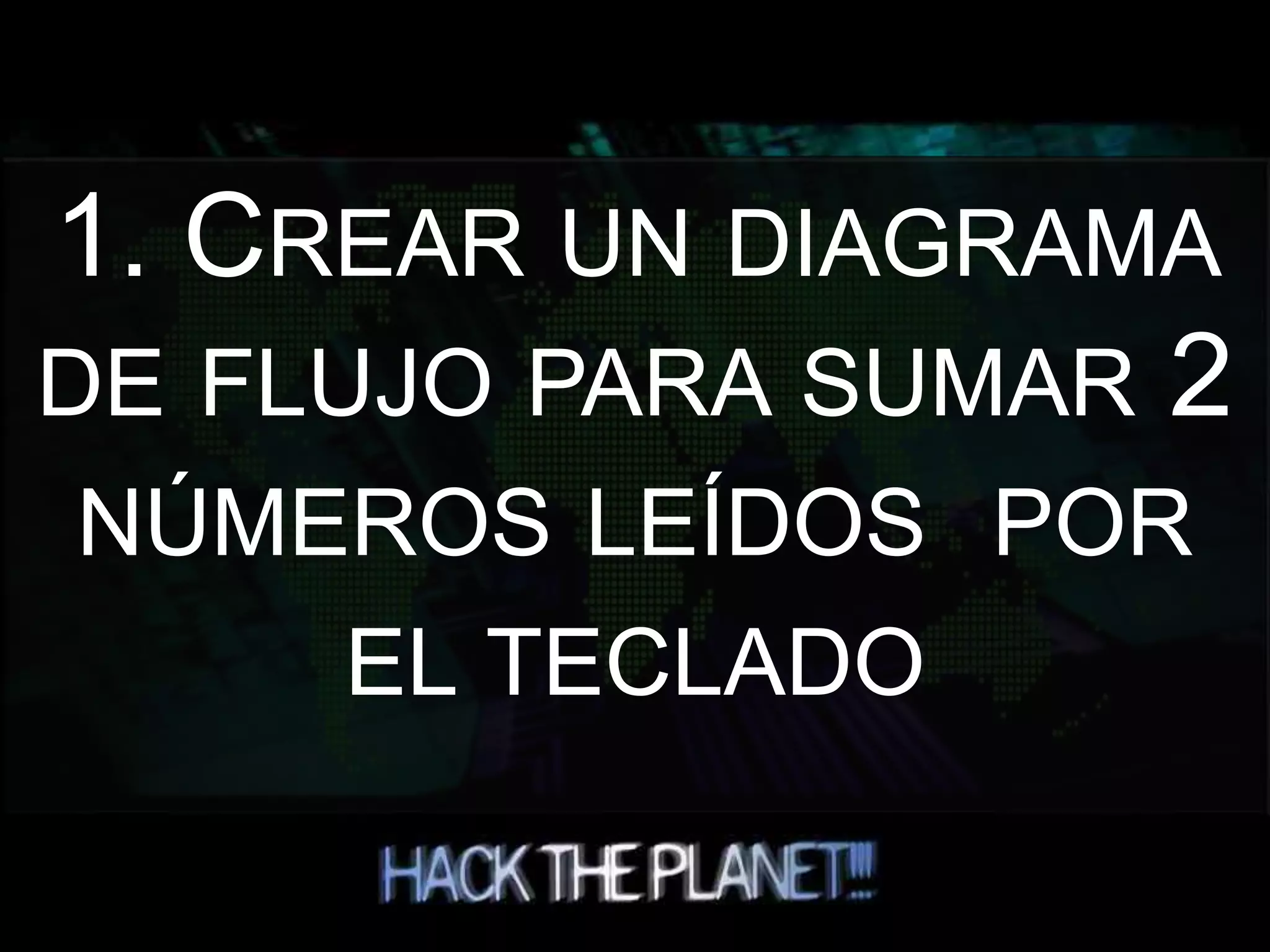 1. CREAR UN DIAGRAMA
DE FLUJO PARA SUMAR 2
NÚMEROS LEÍDOS POR
EL TECLADO
 