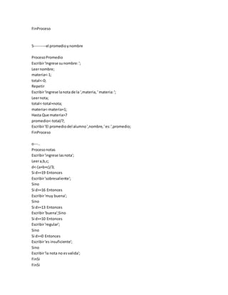 FinProceso
5---------el promedioynombre
ProcesoPromedio
Escribir'Ingrese sunombre:';
Leernombre;
materia<-1;
total<-0;
Repetir
Escribir'Ingrese lanota de la ',materia,' materia:';
Leernota;
total<-total+nota;
materia<-materia+1;
Hasta Que materia>7
promedio<-total/7;
Escribir'El promediodel alumno',nombre,'es:',promedio;
FinProceso
o---..
Procesonotas
Escribir'ingrese lasnota';
Leera,b,c;
d<-(a+b+c)/3;
Si d>=19 Entonces
Escribir'sobresaliente';
Sino
Si d>=16 Entonces
Escribir'muy buena';
Sino
Si d>=13 Entonces
Escribir'buena';Sino
Si d>=10 Entonces
Escribir'regular';
Sino
Si d>=0 Entonces
Escribir'es insuficiente';
Sino
Escribir'la nota no esvalida';
FinSi
FinSi
 