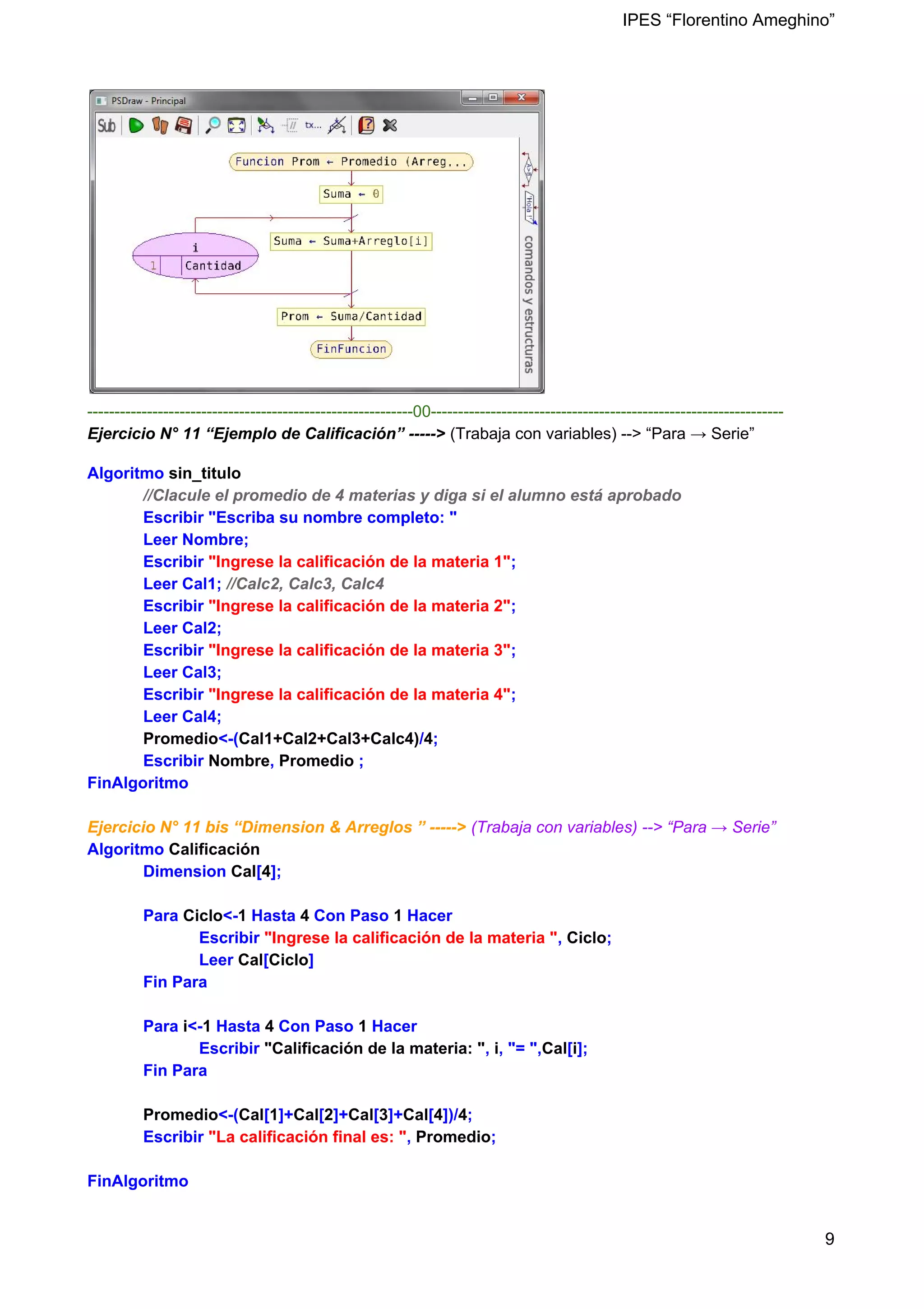 IPES “Florentino Ameghino”
------------------------------------------------------------00-----------------------------------------------------------------
Ejercicio N° 11 “Ejemplo de Calificación” -----> (Trabaja con variables) --> “Para → Serie”
Algoritmo ​sin_titulo
​//Clacule el promedio de 4 materias y diga si el alumno está aprobado
Escribir "Escriba su nombre completo: "
Leer Nombre;
Escribir ​"Ingrese la calificación de la materia 1"​;
Leer Cal1; ​//Calc2, Calc3, Calc4
Escribir ​"Ingrese la calificación de la materia 2"​;
Leer Cal2;
Escribir ​"Ingrese la calificación de la materia 3"​;
Leer Cal3;
Escribir ​"Ingrese la calificación de la materia 4"​;
Leer Cal4;
​Promedio​<-(​Cal1+Cal2+Cal3+Calc4)​/​4​;
Escribir ​Nombre​, ​Promedio ​;
FinAlgoritmo
Ejercicio N° 11 bis “Dimension & Arreglos ” -----> (Trabaja con variables) --> “Para → Serie”
Algoritmo ​Calificación
Dimension ​Cal​[​4​];
Para ​Ciclo​<-​1​ Hasta ​4 ​Con Paso ​1​ Hacer
Escribir​ "Ingrese la calificación de la materia "​, ​Ciclo​;
Leer ​Cal​[​Ciclo​]
Fin Para
Para ​i​<-​1​ Hasta ​4 ​Con Paso ​1​ Hacer
Escribir ​"Calificación de la materia: "​,​ i​, "= ",​Cal​[​i​];
Fin Para
​Promedio​<-(​Cal​[​1​]+​Cal​[​2​]+​Cal​[​3​]+​Cal​[​4​])/​4​;
Escribir ​"La calificación final es: "​, ​Promedio​;
FinAlgoritmo
9
 