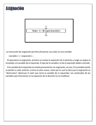 La instrucción de asignación permite almacenar una valor en una variable.
<variable > <- <expresión> ;
Al ejecutarse la asignación, primero se evalúa la expresión de la derecha y luego se asigna el
resultado a la variable de la izquierda. El tipo de la variable y el de la expresión deben coincidir.
Si la variable de la izquierda no existía previamente a la asignación, se crea. Si la variable existía
se pierde su valor anterior y toma el valor nuevo, razón por la cual se dice que la asignación es
"destructiva" (destruye el valor que tenía la variable de la izquierda). Los contenidos de las
variables que intervienen en la expresión de la derecha no se modifican
 