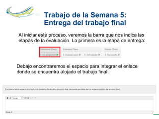 Trabajo de la Semana 5:
Entrega del trabajo final
Al iniciar este proceso, veremos la barra que nos indica las
etapas de la evaluación. La primera es la etapa de entrega:
Debajo encontraremos el espacio para integrar el enlace
donde se encuentra alojado el trabajo final:
 
