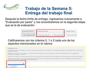 Trabajo de la Semana 5:
Entrega del trabajo final
Después la fecha límite de entrega, ingresamos nuevamente a
"Evaluación por pares" y nos encontraremos en la segunda etapa
que es la de evaluación:
Calificaremos con los criterios 0, 1 o 2 cada uno de los
aspectos mencionados en la rúbrica:
 