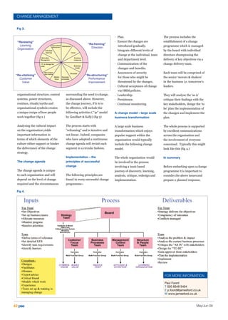 CHANGE MANAGEMENT


 Fig 3.

                                                                          · Plan.                            The process includes the
                                                                          · Ensure the changes are           establishment of a change
                                                                            introduced gradually.            programme which is managed
                                                                          · Integrate different levels of    by the board with individual
                                                                            change at the individual, team   directors championing the
                                                                            and department level.            delivery of key objectives via a
                                                                          · Communication of the             change delivery team.
                                                                            changes and benefits.
                                                                          · Assurances of security           Each team will be comprised of
                                                                            for those who might be           the senior ‘movers  shakers’
                                                                            threatened by the changes.       in the business i.e. tomorrow’s
                                                                          · Cultural acceptance of change    leaders.
                                                                            via HRM policies.
  organisational structure, control   surrounding the need to change,     · Leadership.                      They will analyse the ‘as is’
  systems, power structures,          as discussed above. However,        · Persistence.                     critique their findings with the
  routines, rituals/myths and         the change journey, if it is to     · Continual monitoring.            key stakeholders, design the ‘to
  organisational symbols creates      be effective, will include the                                         be’ plan the implementation of
  a unique recipe of how people       following activities ( “4r” model   A change model – large scale       the changes and implement the
  work together (fig 2.)              by Gouillart  Kelly) (fig 3)       business transformation            plan.

  Analysing the cultural impact       The process starts with             A large scale business             The whole process is supported
  on the organisation yields          “reframing” and is iterative and    transformation which enjoys        by excellent communications
  important information in            not linear. Indeed, companies       popular support within the         across the organisation and
  terms of which elements of the      who have adopted a continuous       organisation would typically       the involvement of everyone
  culture either support or hinder    change agenda will revisit each     include the following change       concerned. Typically this might
  the deliverance of the change       segment in a circular fashion.      model.                             look like this (fig 4.)
  strategy.
                                      Implementation – the                The whole organisation would       In summary
  The change agenda                   principles of successful            be involved in the process
                                      change                              involving a team based             Before embarking upon a change
  The change agenda is unique                                             journey of discovery, learning,    programme it is important to
  to each organisation and will       The following principles are        analysis, critique, redesign and   consider the above issues and
  depend on the level of change       found in every successful change    implementation.                    prepare a planned response.
  required and the circumstances      programme:-

 Fig 4.




                                                                                                             FOR MORE INFORMATION

                                                                                                             Paul Foord
                                                                                                             T 020 8348 5404
                                                                                                             E p.foord@jamesford.co.uk
                                                                                                             W www.jamesford.co.uk



42 pse                                                                                                                                 May/Jun 09
 