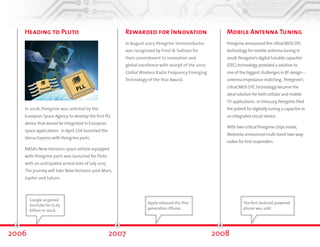 Heading to Pluto 
In 2006, Peregrine was selected by the 
European Space Agency to develop the first PLL 
device that would be integrated in European 
space applications. In April, ESA launched the 
Venus Express with Peregrine parts. 
NASA’s New Horizons space vehicle equipped 
with Peregrine parts was launched for Pluto 
with an anticipated arrival date of July 2015. 
The journey will take New Horizons past Mars, 
Jupiter and Saturn. 
Rewarded for Innovation 
In August 2007, Peregrine Semiconductor 
was recognized by Frost & Sullivan for 
their commitment to innovation and 
global excellence with receipt of the 2007 
Global Wireless Radio Frequency Emerging 
Technology of the Year Award. 
2006 2007 
Mobile Antenna Tuning 
Peregrine announced the UltraCMOS® DTC 
technology for mobile antenna tuning in 
2008. Peregrine’s digital tunable capacitor 
(DTC) technology provided a solution to 
one of the biggest challenges in RF 
design—antenna impedance matching. 
Peregrine’s UltraCMOS DTC technology 
became the ideal solution for both cellular 
and mobile TV applications. In February, 
Peregrine filed the patent for digitally 
tuning a capacitor in an integrated circuit 
device. 
With two critical Peregrine chips inside, 
Motorola announced multi-band, two-way 
radios for first responders. 
2008 
Apple released the first 
generation iPhone. 
The first Android-powered 
phone was sold. 
Google acquired 
YouTube for $1.65 
billion in stock. 
 