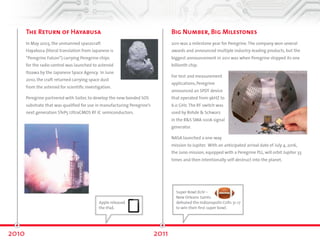 The Return of Hayabusa 
In May 2003, the unmanned spacecraft 
Hayabusa (literal translation from Japanese is 
“Peregrine Falcon”) carrying Peregrine chips 
for the radio control was launched to asteroid 
Itoawa by the Japanese Space Agency. In June 
2010, the craft returned carrying space dust 
from the asteroid for scientific investigation. 
Peregrine partnered with Soitec to develop the new bonded SOS 
substrate that was qualified for use in manufacturing Peregrine’s 
next generation UltraCMOS®5 RF IC semiconductors. 
Big Number, Big Milestones 
2011 was a milestone year for Peregrine. The company won several 
awards and announced multiple industry-leading products, but the 
biggest announcement in 2011 was when Peregrine shipped its one 
billionth chip. 
For test and measurement 
applications, Peregrine 
announced an SPDT device 
that operated from 9 kHZ 
to 6.0 GHz. The RF switch 
was used by Rohde & 
Schwarz in the R&S SMA 
100A signal generator. 
NASA launched a one-way 
mission to Jupiter. With an anticipated arrival date of July 4, 2016, 
the Juno mission, equipped with a Peregrine PLL, will orbit Jupiter 33 
times and then intentionally self-destruct into the planet. 
2010 2011 
Super Bowl XLIV – 
New Orleans Saints 
defeated the Indianapolis Colts 31-17 
to win their first Super Bowl. 
Apple released 
the iPad. 
 