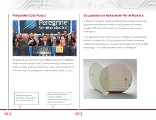 Peregrine Goes Public 
On August 8, 2012, Peregrine stock began trading on the NASDAQ 
under the ticker symbol “PSMI.” The IPO raised $77 million dollars 
as the company sold 5.35 million shares at $14 each. Peregrine CEO 
Jim Cable rang the opening bell of the NASDAQ on November 27, 
2012. 
Collaborative Agreement With Murata 
In May 2013, Peregrine signed a collaborative sourcing and licensing 
agreement with Murata Manufacturing Company, the leading 
supplier of RF front-end modules for the global mobile wireless 
marketplace. 
“This agreement marks the first license of Peregrine’s switch-based 
intellectual property to a third party; we look forward to working 
collaboratively with Murata to expand the deployment of UltraCMOS® 
technology.”—Jim Cable, president and CEO of Peregrine 
Felix Baumgartner 
broke the sound barrier 
in a 24-mile free fall. 
The world population 
reached 7 billion 
inhabitants according to 
the United Nations. 
2012 2013 
 