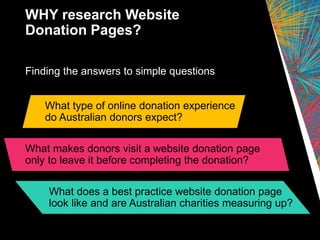 WHY research Website
Donation Pages?
What type of online donation experience
do Australian donors expect?
Finding the answers to simple questions
What makes donors visit a website donation page
only to leave it before completing the donation?
What does a best practice website donation page
look like and are Australian charities measuring up?
 