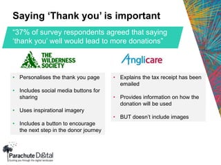 Saying ‘Thank you’ is important
“37% of survey respondents agreed that saying
‘thank you’ well would lead to more donations”
• Personalises the thank you page
• Includes social media buttons for
sharing
• Uses inspirational imagery
• Includes a button to encourage
the next step in the donor journey
• Explains the tax receipt has been
emailed
• Provides information on how the
donation will be used
• BUT doesn’t include images
 