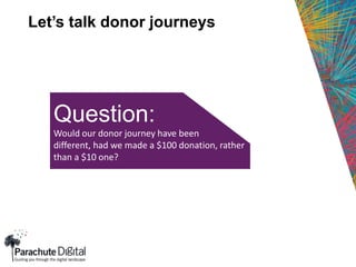 Let’s talk donor journeys
Question:
Would our donor journey have been
different, had we made a $100 donation, rather
than a $10 one?
 