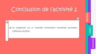 Activités
Cours
Exercices
 Un programme est un ensemble d’instructions enchaînées permettant
d’effectuer une tâche
Conclusion de l’activité 2
 