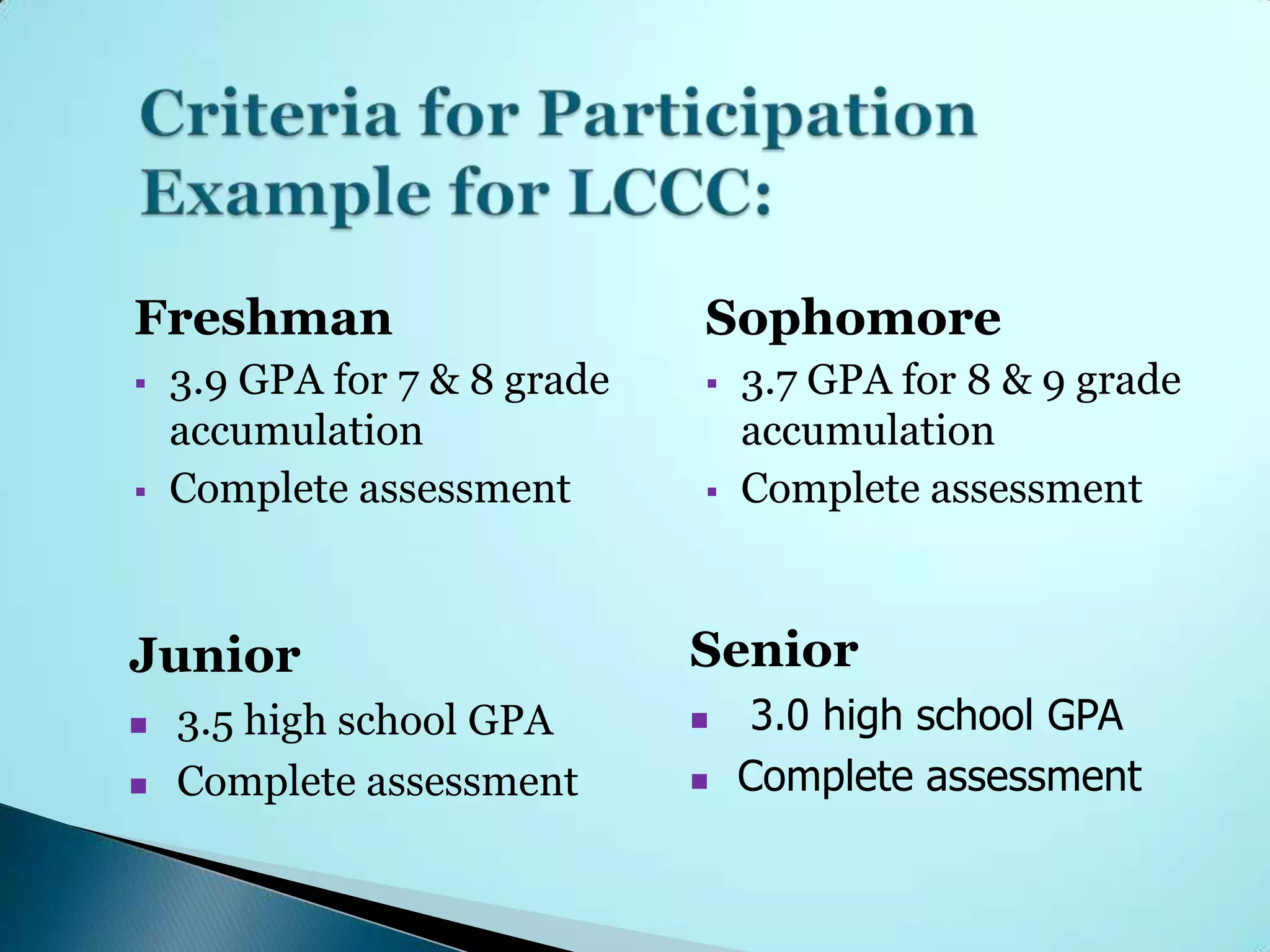 Freshman                      Sophomore
   3.9 GPA for 7 & 8 grade      3.7 GPA for 8 & 9 grade
    accumulation                  accumulation
   Complete assessment          Complete assessment



Junior                        Senior
   3.5 high school GPA           3.0 high school GPA
   Complete assessment          Complete assessment
 