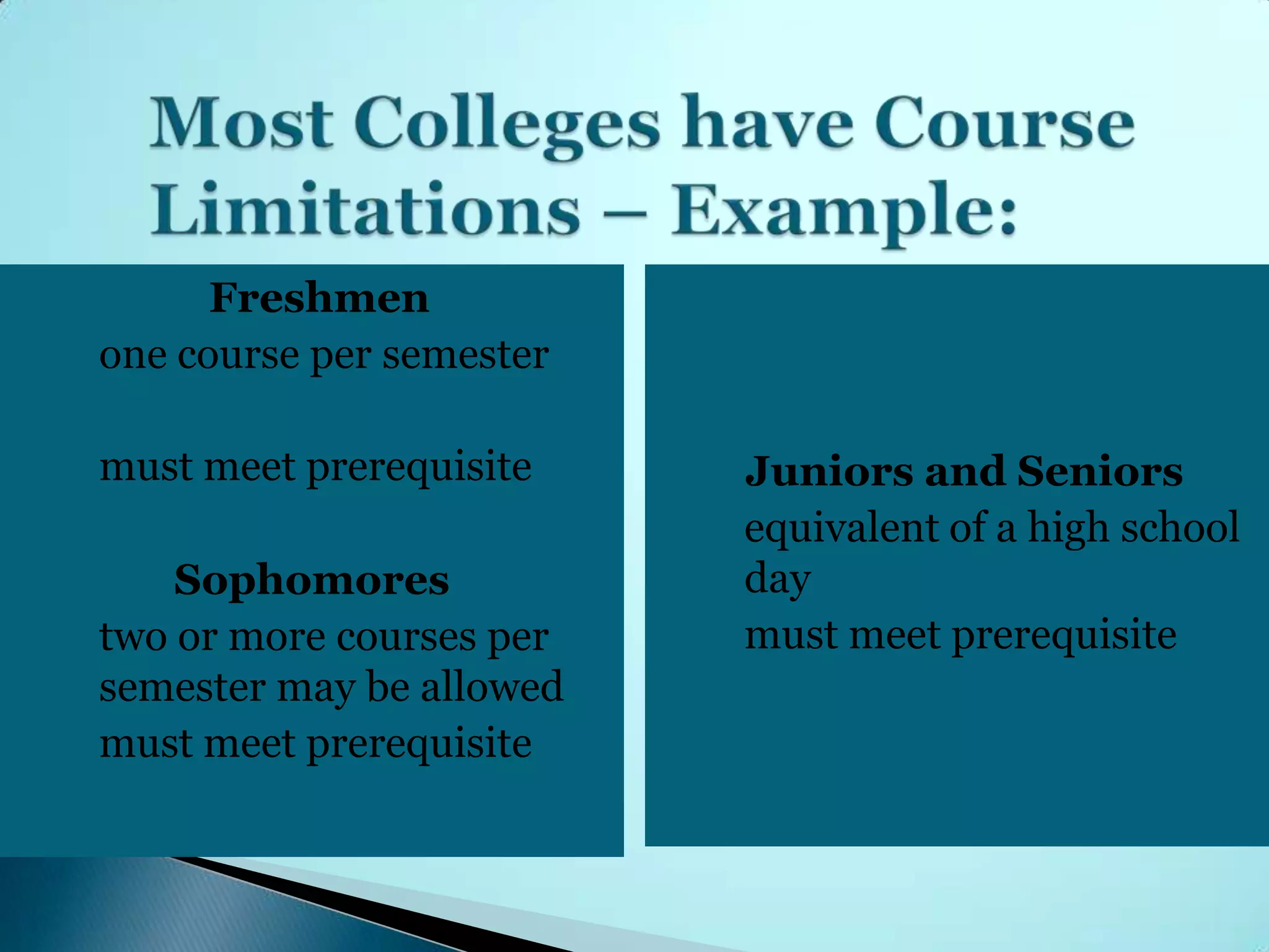 Freshmen
◦ one course per semester

◦ must meet prerequisite      Juniors and Seniors
                            ◦ equivalent of a high school
      Sophomores              day
◦ two or more courses per   ◦ must meet prerequisite
  semester may be allowed
◦ must meet prerequisite
 