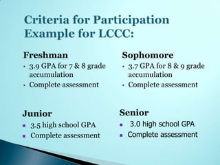 Freshman                      Sophomore
   3.9 GPA for 7 & 8 grade      3.7 GPA for 8 & 9 grade
    accumulation                  accumulation
   Complete assessment          Complete assessment



Junior                        Senior
   3.5 high school GPA           3.0 high school GPA
   Complete assessment          Complete assessment
 