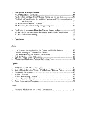 7. Energy and Mining Revenues …………………………………………….. 58
7.1. Oil Spill Fines and Funds....................................................................…..58
7.2. Royalties and Fees from Offshore Mining and Oil and Gas………….....59
7.3. Right-of-Way Fees for Oil and Gas Pipelines and Telecommunications
Infrastructure………………………………………………………..60
7.4. Hydroelectric Power Revenues………………………………………….60
7.5. Voluntary Contributions by Energy Companies………………………...60
8. For-Profit Investments Linked to Marine Conservation…………………63
8.1. Private Sector Investments Promoting Biodiversity Conservation……...63
8.2. Biodiversity Prospecting………………………………………………...65
9. Conclusion …………………………………………………………………..68
Boxes
1. U.K. National Lottery Funding for Coastal and Marine Projects………….... 12
2. German Bundespost Conservation Themes…………………………………. 14
3. Debt Relief Funding for Marine Conservation……………………………… 16
4. Debt-for-Nature Swap: Philippines…………………………………………. 17
5. Allocation of Galápagos National Park Entry Fees…………………………. 32
Figures
1. WWF Global 200 Marine Ecoregions………………………………………..1
2. State of North Carolina Protect Wild Dolphins License Plate……………..14
3. Centennial Duck Stamp………………………………………………………15
4. Mabini Dive Fee……………………………………………………………...34
5. Marine Stewardship Council…………………………………………………52
6. Marine Aquarium Council…………………………………………………... 53
7. Asian Conservation Company………………………………………………..64
Tables
1. Financing Mechanisms for Marine Conservation…………………………… 3
 