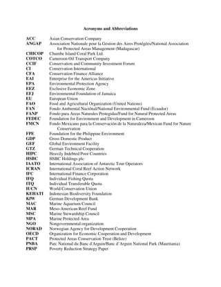 Acronyms and Abbreviations
ACC Asian Conservation Company
ANGAP Association Nationale pour la Gestion des Aires Protégées/National Association
for Protected Areas Management (Madagascar)
CHICOP Chumbe Island Coral Park Ltd.
COTCO Cameroon Oil Transport Company
CCIF Conservation and Community Investment Forum
CI Conservation International
CFA Conservation Finance Alliance
EAI Enterprise for the Americas Initiative
EPA Environmental Protection Agency
EEZ Exclusive Economic Zone
EFJ Environmental Foundation of Jamaica
EU European Union
FAO Food and Agricultural Organization (United Nations)
FAN Fondo Ambiental Naciónal/National Environmental Fund (Ecuador)
FANP Fondo para Areas Naturales Protegidas/Fund for Natural Protected Areas
FEDEC Foundation for Environment and Development in Cameroon
FMCN Fondo Mexicano para la Conservación de la Naturaleza/Mexican Fund for Nature
Conservation
FPE Foundation for the Philippine Environment
GDP Gross Domestic Product
GEF Global Environment Facility
GTZ German Technical Cooperation
HIPC Heavily Indebted Poor Countries
HSBC HSBC Holdings plc
IAATO International Association of Antarctic Tour Operators
ICRAN International Coral Reef Action Network
IFC International Finance Corporation
IFQ Individual Fishing Quota
ITQ Individual Transferable Quota
IUCN World Conservation Union
KEHATI Indonesian Biodiversity Foundation
KfW German Development Bank
MAC Marine Aquarium Council
MAR Meso-American Reef Fund
MSC Marine Stewardship Council
MPA Marine Protected Area
NGO Nongovernmental organization
NORAD Norwegian Agency for Development Cooperation
OECD Organization for Economic Cooperation and Development
PACT Protected Areas Conservation Trust (Belize)
PNBA Parc National du Banc d'Arguin/Banc d’Arguin National Park (Mauritania)
PRSP Poverty Reduction Strategy Paper
 