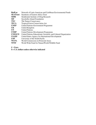 RedLac Network of Latin American and Caribbean Environmental Funds
SEATrust Seashores of Eastern Africa Trust
SIDR Strathclyde Institute of Drug Research
SIF Seychelles Island Foundation
TNC The Nature Conservancy
TFCA Tropical Forest Conservation Act
UNEP United Nations Environment Programme
UK United Kingdom
UN United Nations
UNDP United Nations Development Programme
UNESCO United Nations Educational, Scientific and Cultural Organization
USAID United States Agency for International Development
USP University of the South Pacific
WCPA World Commission on Protected Areas
WWF World Wide Fund for Nature/World Wildlife Fund
¼ (XUR
$ = U.S. dollars unless otherwise indicated
 